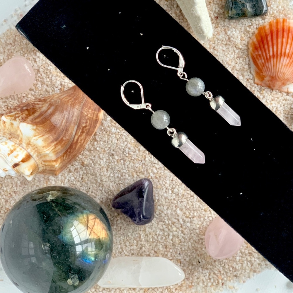 Genuine Labradorite & Rose Quartz Crystal Earrings in Sterling Silver